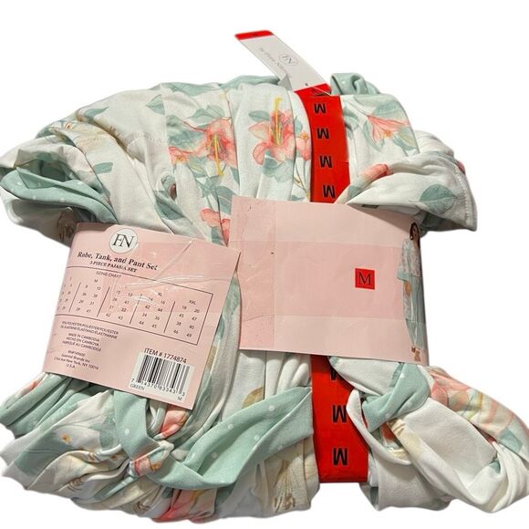 NWT FLORA NIKROOZ Medium 3 Piece Sleep Set Robe Tank Pant Super Soft Green White - Picture 2 of 10